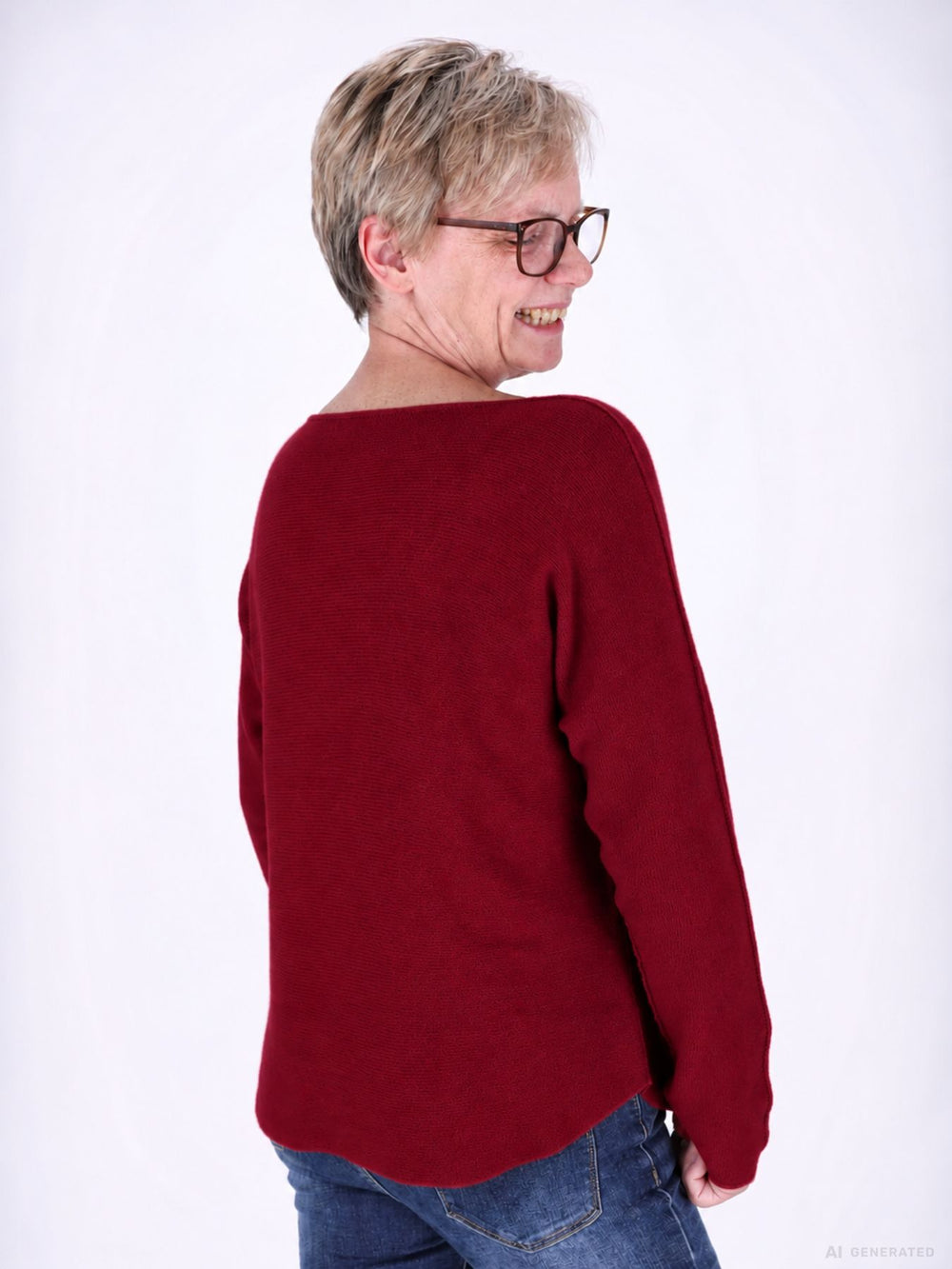 Weinroter Strickpullover Damen V-Ausschnitt mit abgerundetem Bund