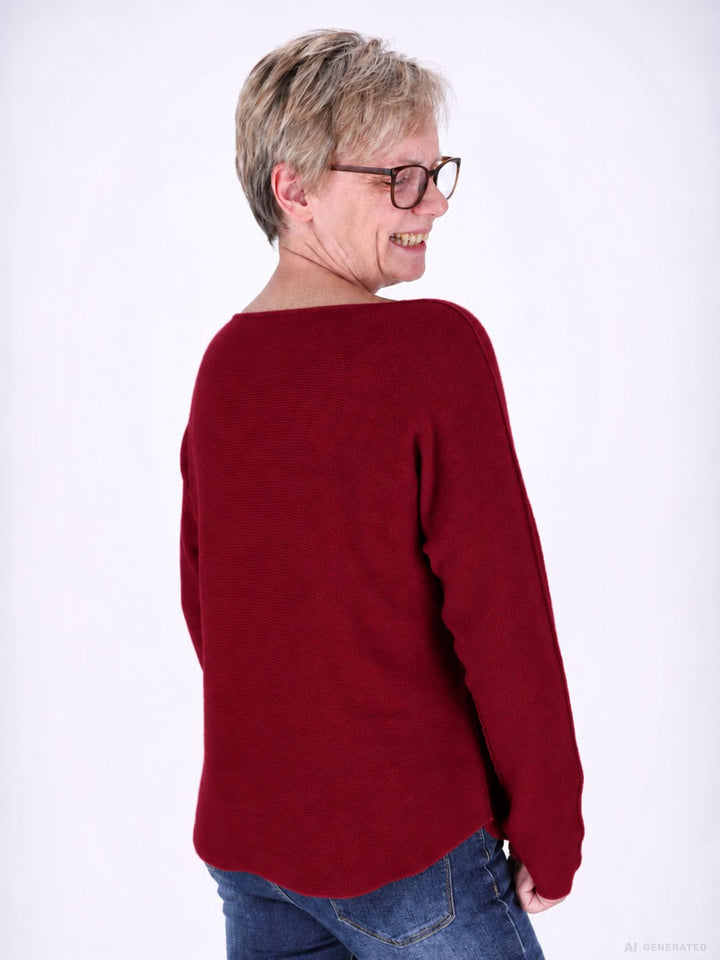 Weinroter Strickpullover Damen V-Ausschnitt mit abgerundetem Bund