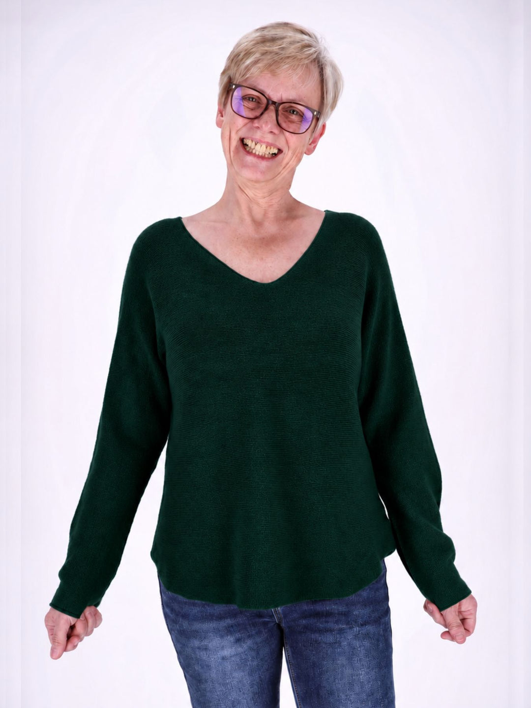 Dunkelgrüner Strickpullover Damen V-Ausschnitt mit abgerundetem Bund