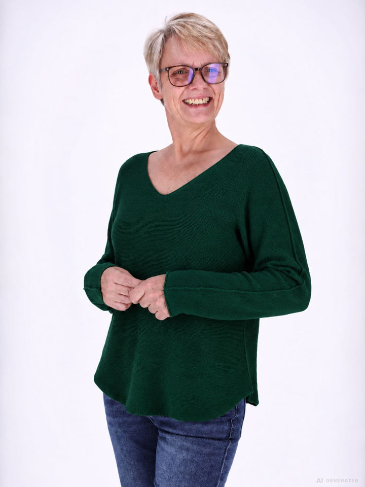 Dunkelgrüner Strickpullover Damen V-Ausschnitt mit abgerundetem Bund