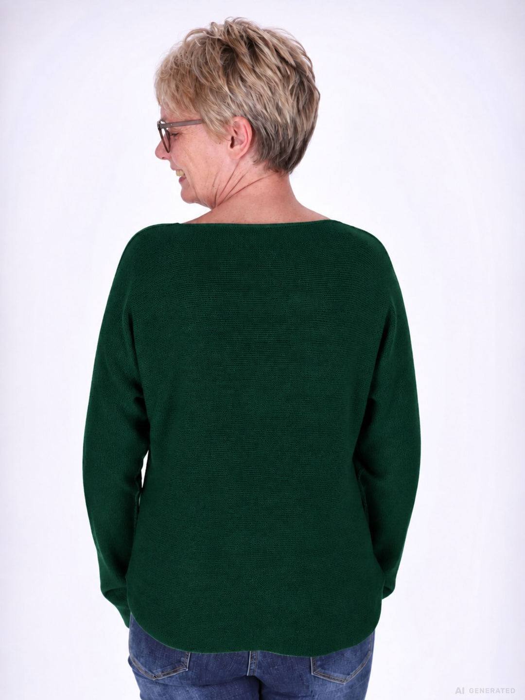 Dunkelgrüner Strickpullover Damen V-Ausschnitt mit abgerundetem Bund