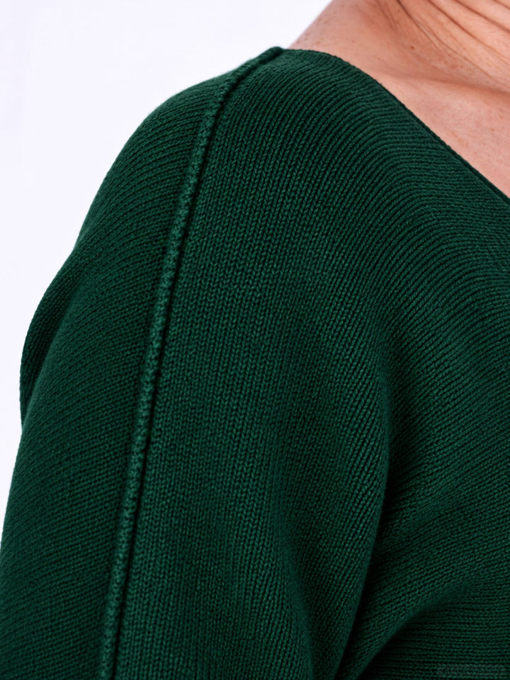 Dunkelgrüner Strickpullover Damen V-Ausschnitt mit abgerundetem Bund