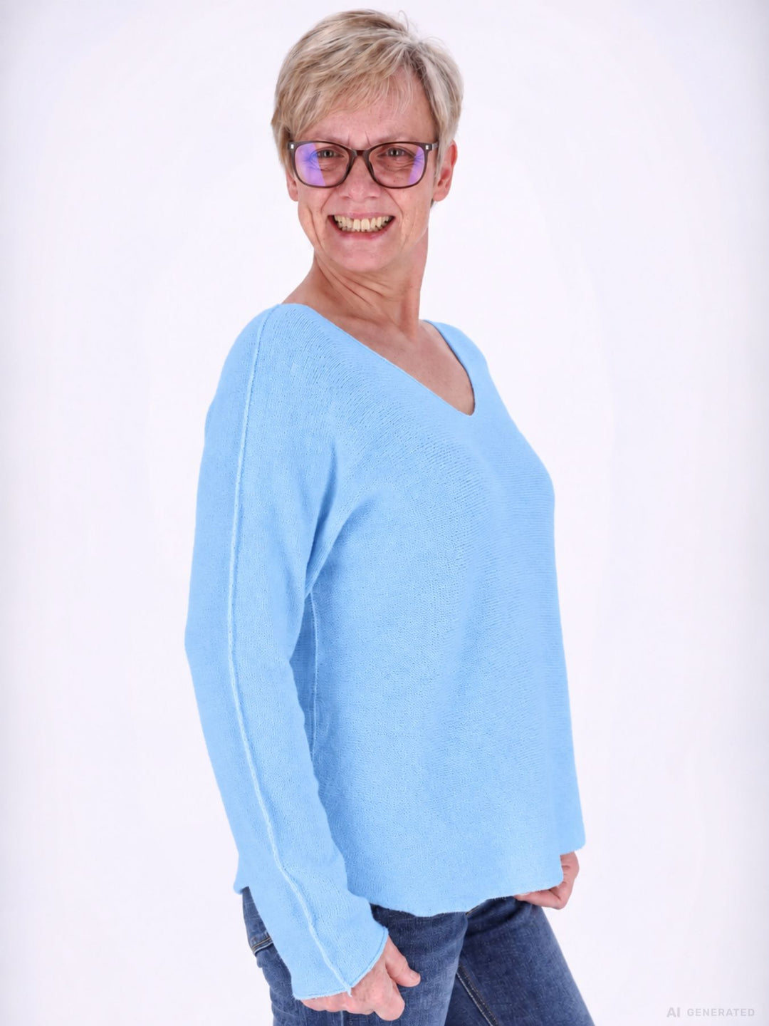 Himmelblauer Strickpullover Damen V-Ausschnitt mit abgerundetem Bund