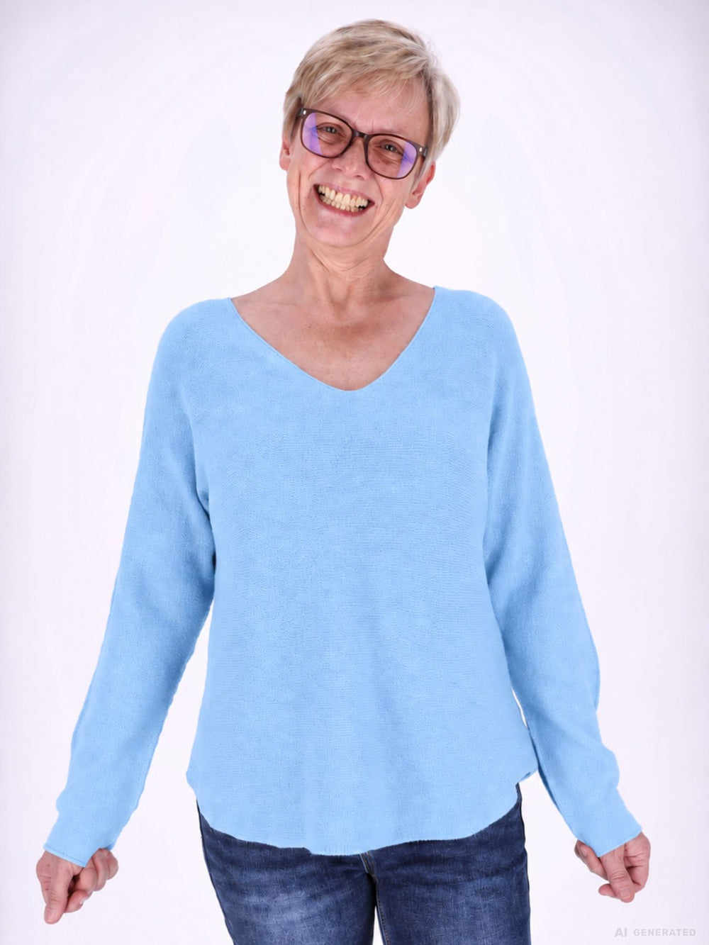 Himmelblauer Strickpullover Damen V-Ausschnitt mit abgerundetem Bund