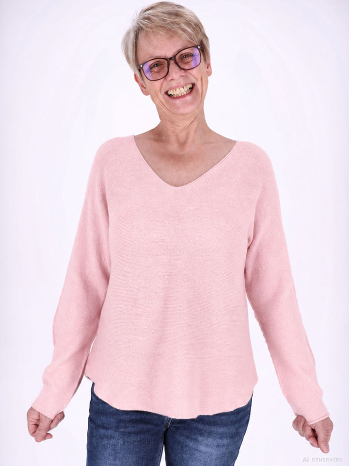Rosé Strickpullover Damen V-Ausschnitt mit abgerundetem Bund