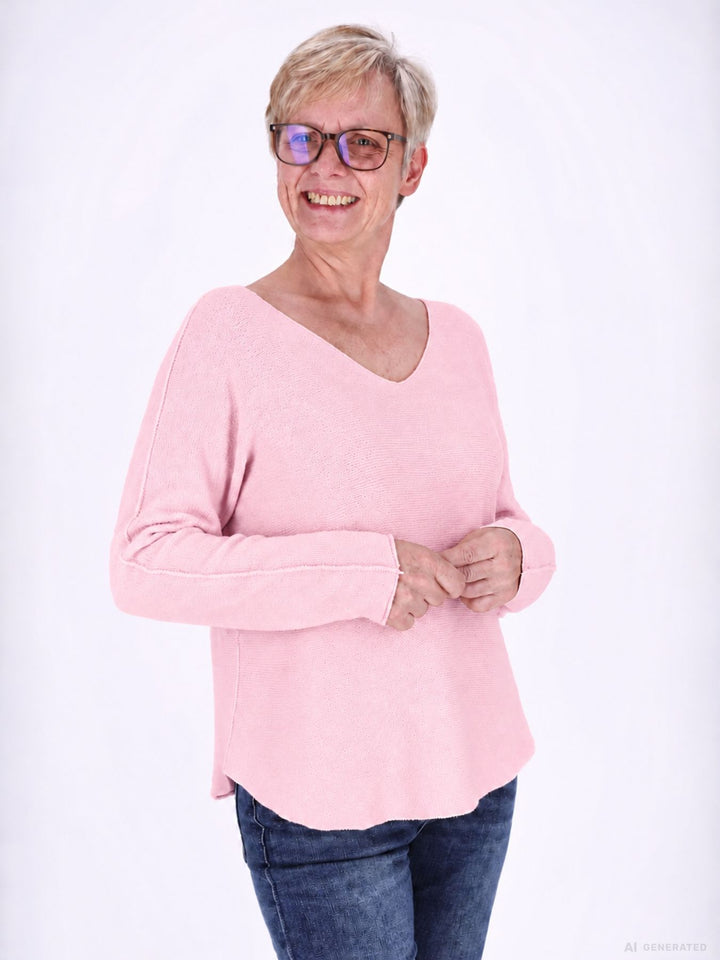 Rosé Strickpullover Damen V-Ausschnitt mit abgerundetem Bund