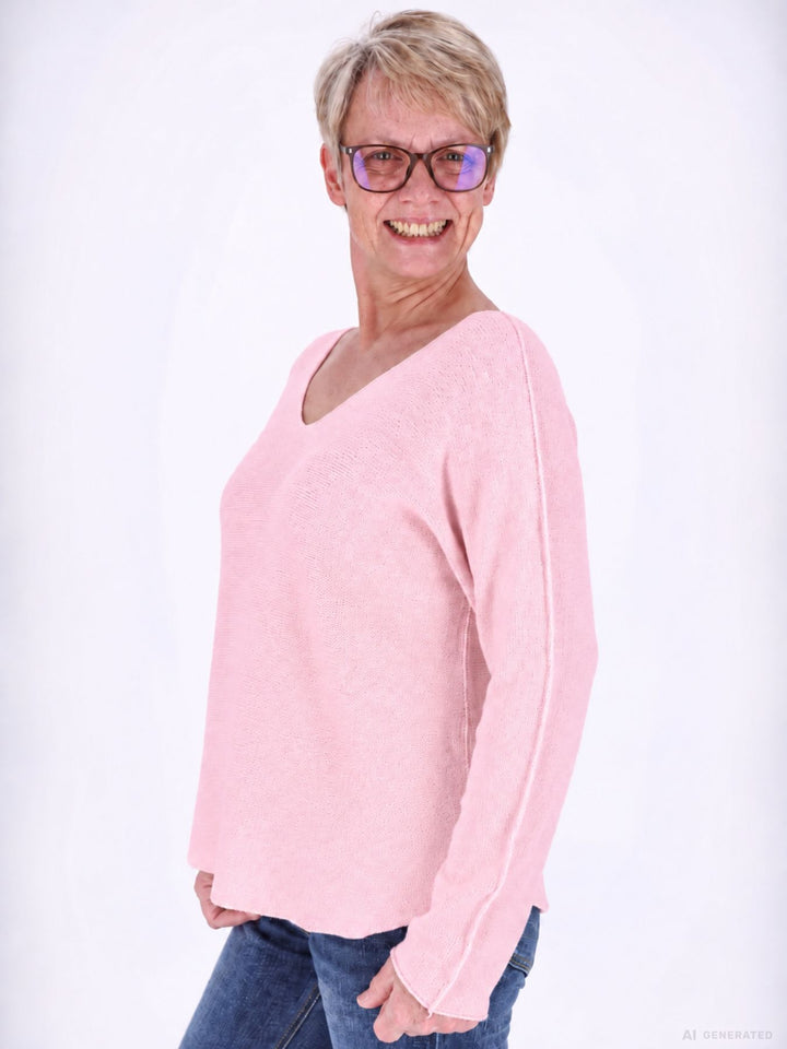 Rosé Strickpullover Damen V-Ausschnitt mit abgerundetem Bund