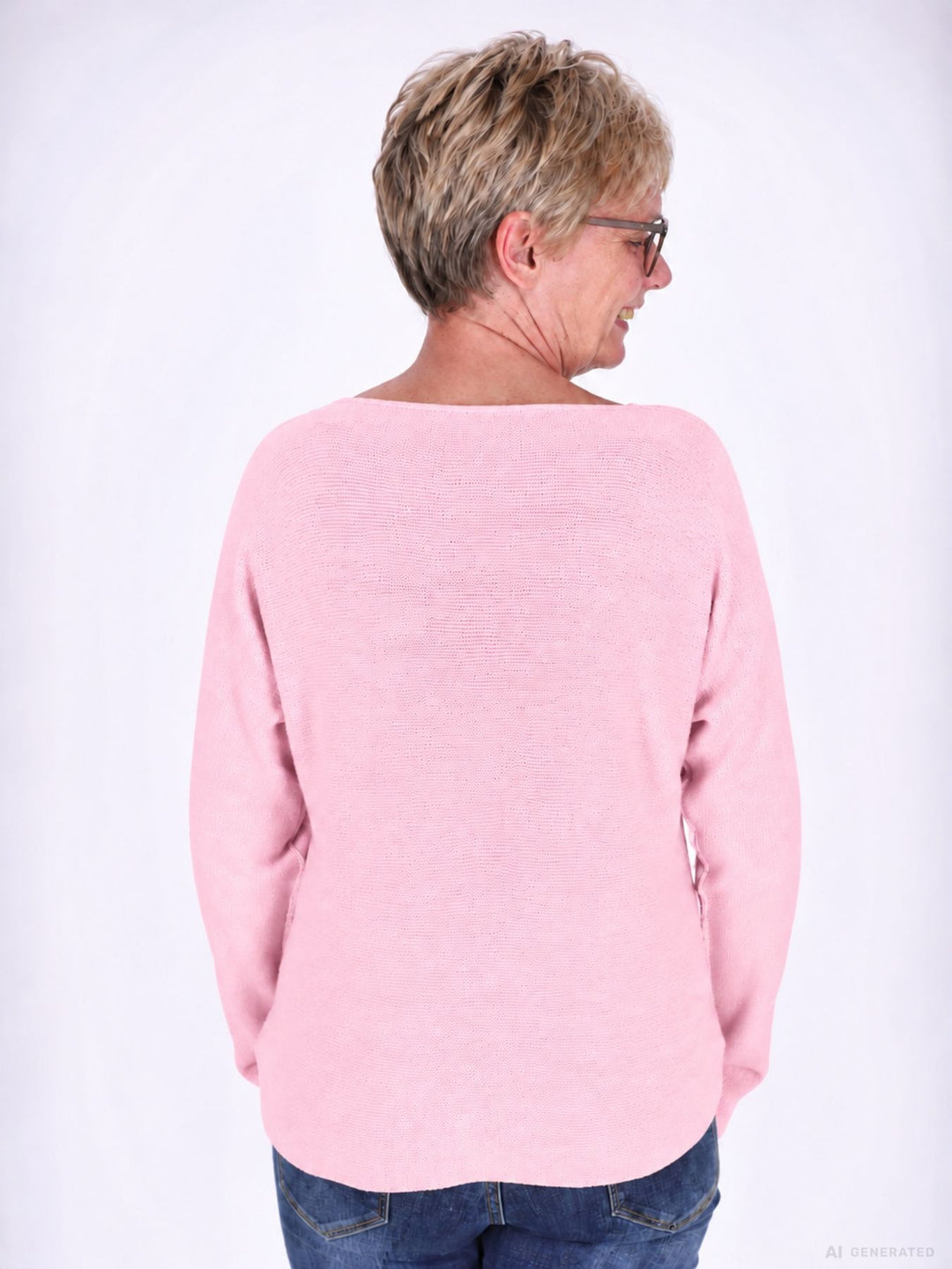 Rosé Strickpullover Damen V-Ausschnitt mit abgerundetem Bund