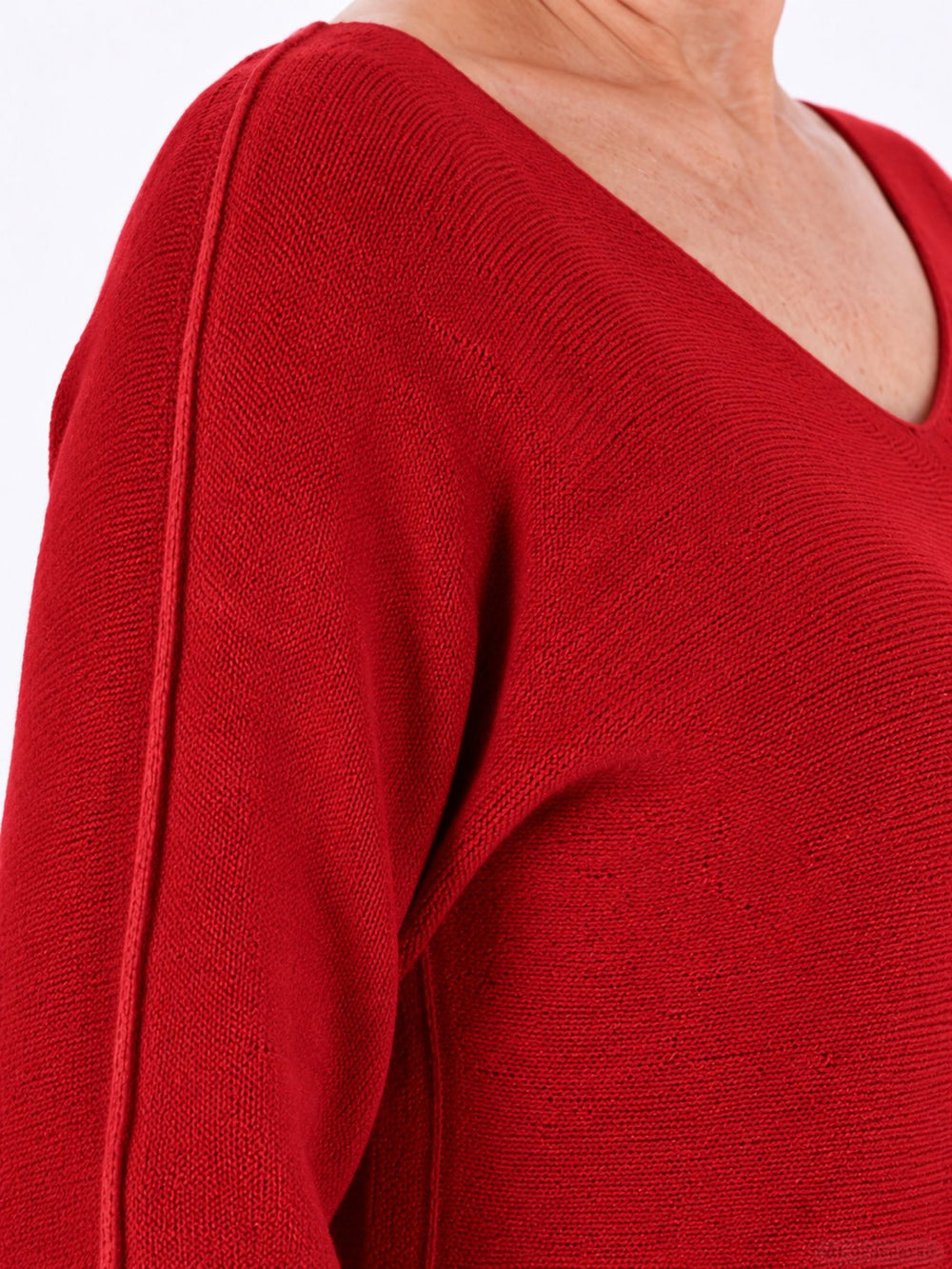 Roter Strickpullover Damen V-Ausschnitt mit abgerundetem Bund