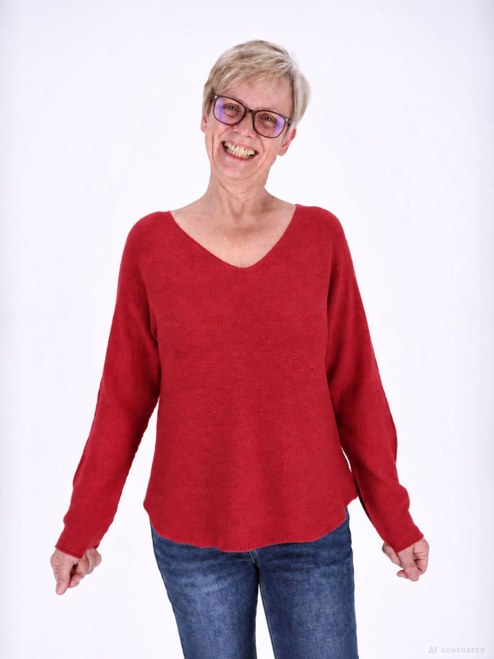 Roter Strickpullover Damen V-Ausschnitt mit abgerundetem Bund