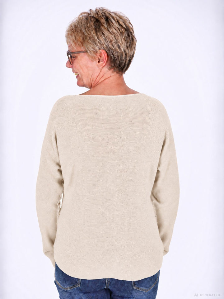 Beiger Strickpullover Damen V-Ausschnitt mit abgerundetem Bund