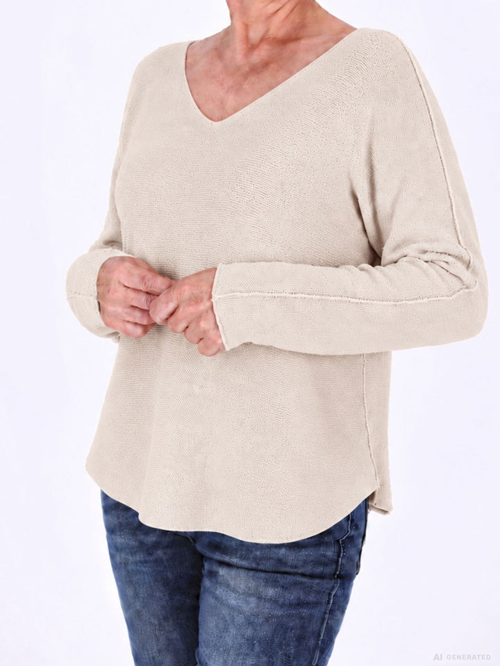 Beiger Strickpullover Damen V-Ausschnitt mit abgerundetem Bund