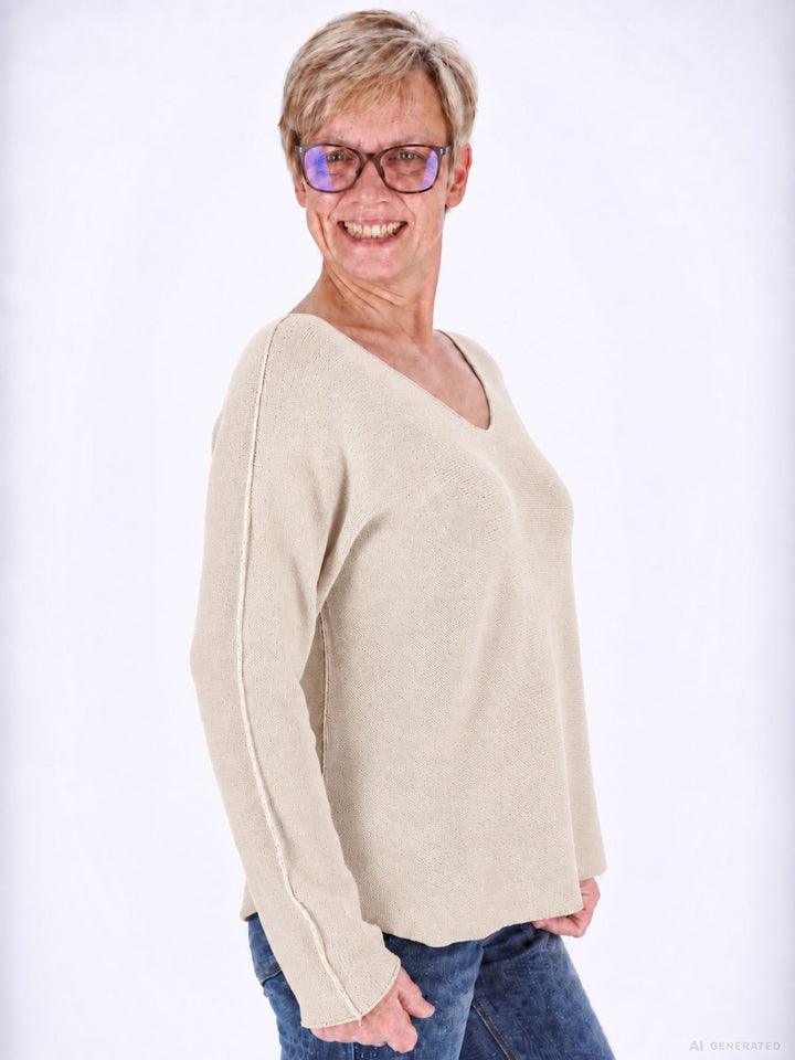 Beiger Strickpullover Damen V-Ausschnitt mit abgerundetem Bund