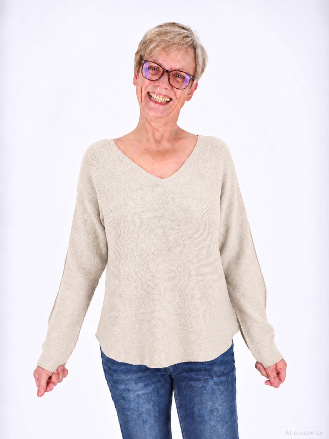 Beiger Strickpullover Damen V-Ausschnitt mit abgerundetem Bund