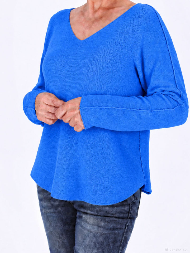 Royalblauer Strickpullover Damen V-Ausschnitt mit abgerundetem Bund