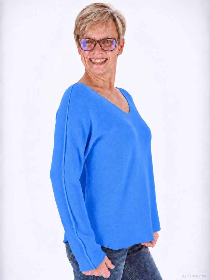 Royalblauer Strickpullover Damen V-Ausschnitt mit abgerundetem Bund