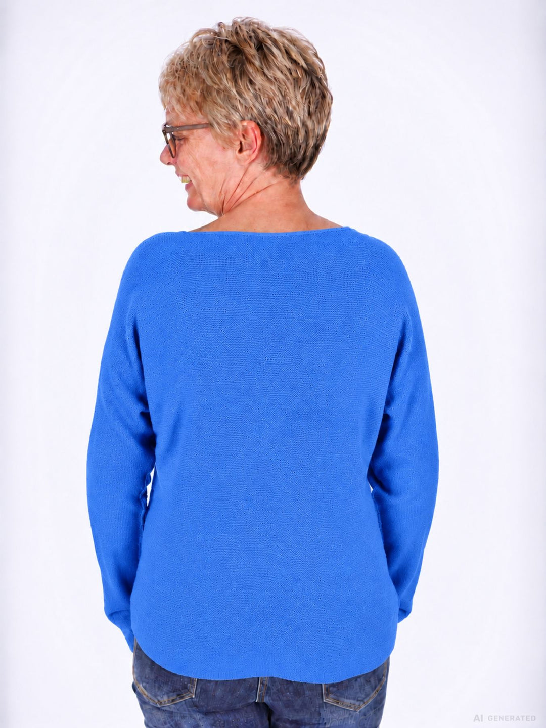 Royalblauer Strickpullover Damen V-Ausschnitt mit abgerundetem Bund
