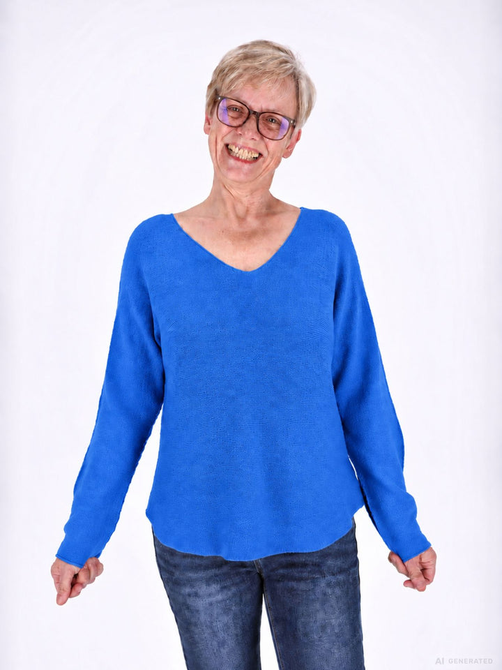 Royalblauer Strickpullover Damen V-Ausschnitt mit abgerundetem Bund