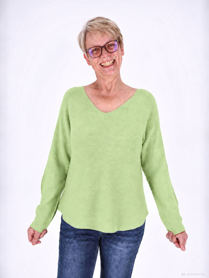 Hellgrüner Strickpullover Damen V-Ausschnitt mit abgerundetem Bund