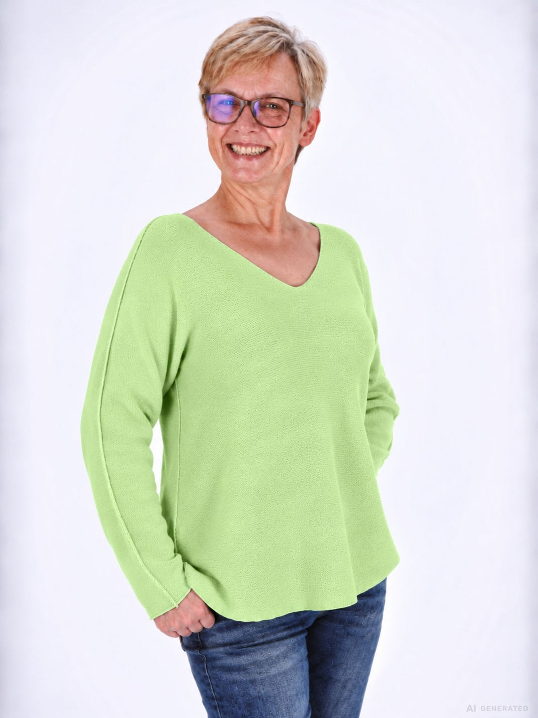 Hellgrüner Strickpullover Damen V-Ausschnitt mit abgerundetem Bund