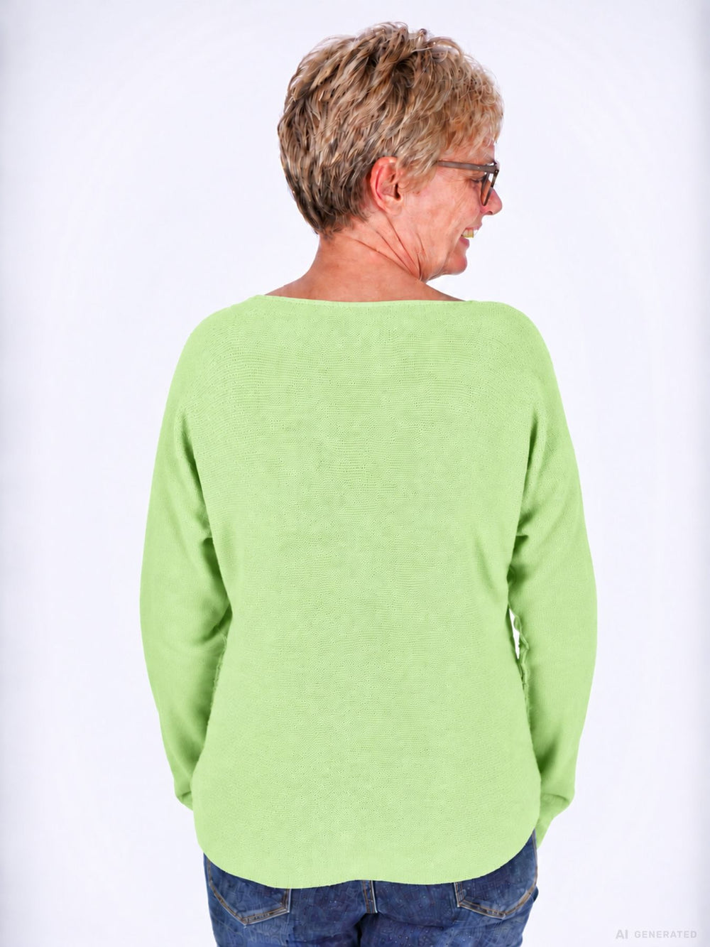 Hellgrüner Strickpullover Damen V-Ausschnitt mit abgerundetem Bund