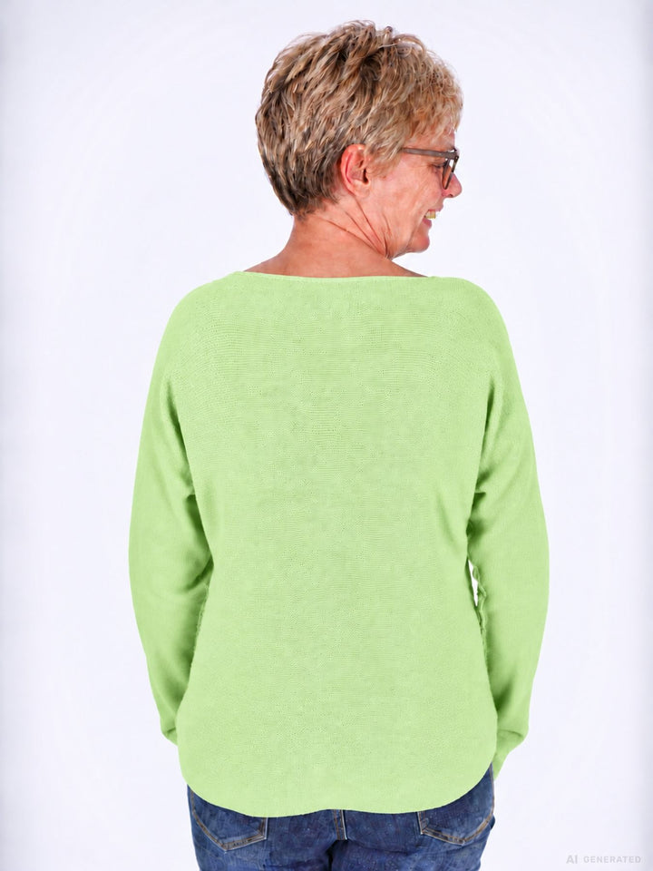 Hellgrüner Strickpullover Damen V-Ausschnitt mit abgerundetem Bund
