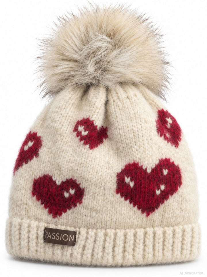 Damen Strickmütze mit Herzen, Kunstfell-Bommel & Fleece-Futter – Beige/Rot