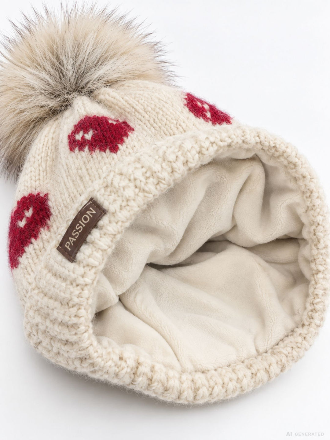 Damen Strickmütze mit Herzen, Kunstfell-Bommel & Fleece-Futter – Beige/Rot