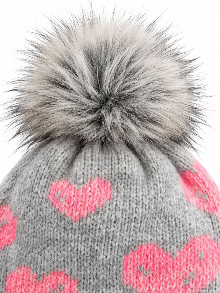 Damen Strickmütze mit Herzen, Kunstfell-Bommel & Fleece-Futter – Grau/Pink