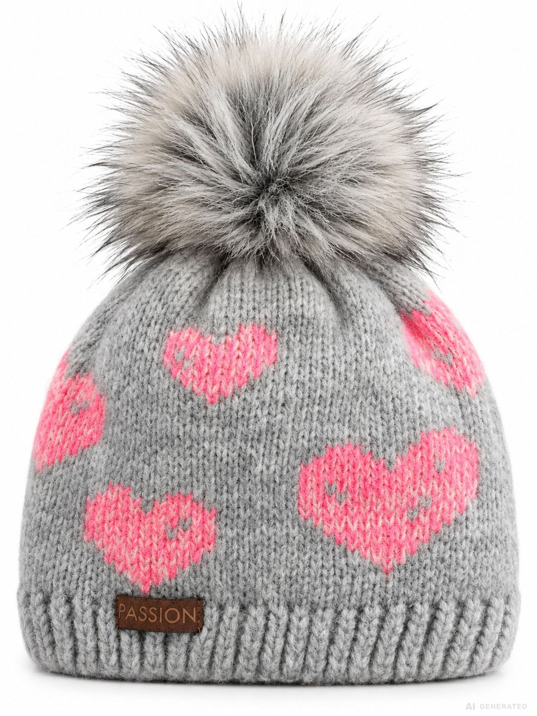 Damen Strickmütze mit Herzen, Kunstfell-Bommel & Fleece-Futter – Grau/Pink