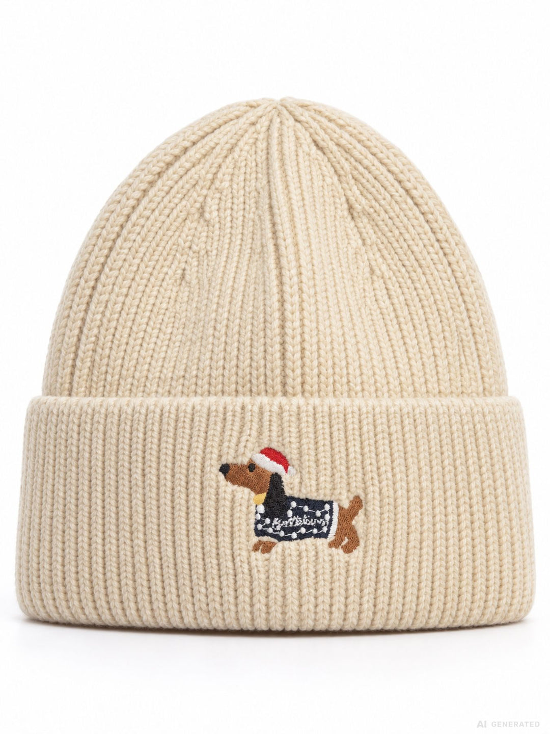 Strickmütze Damen mit Dackel-Stickerei – Beige