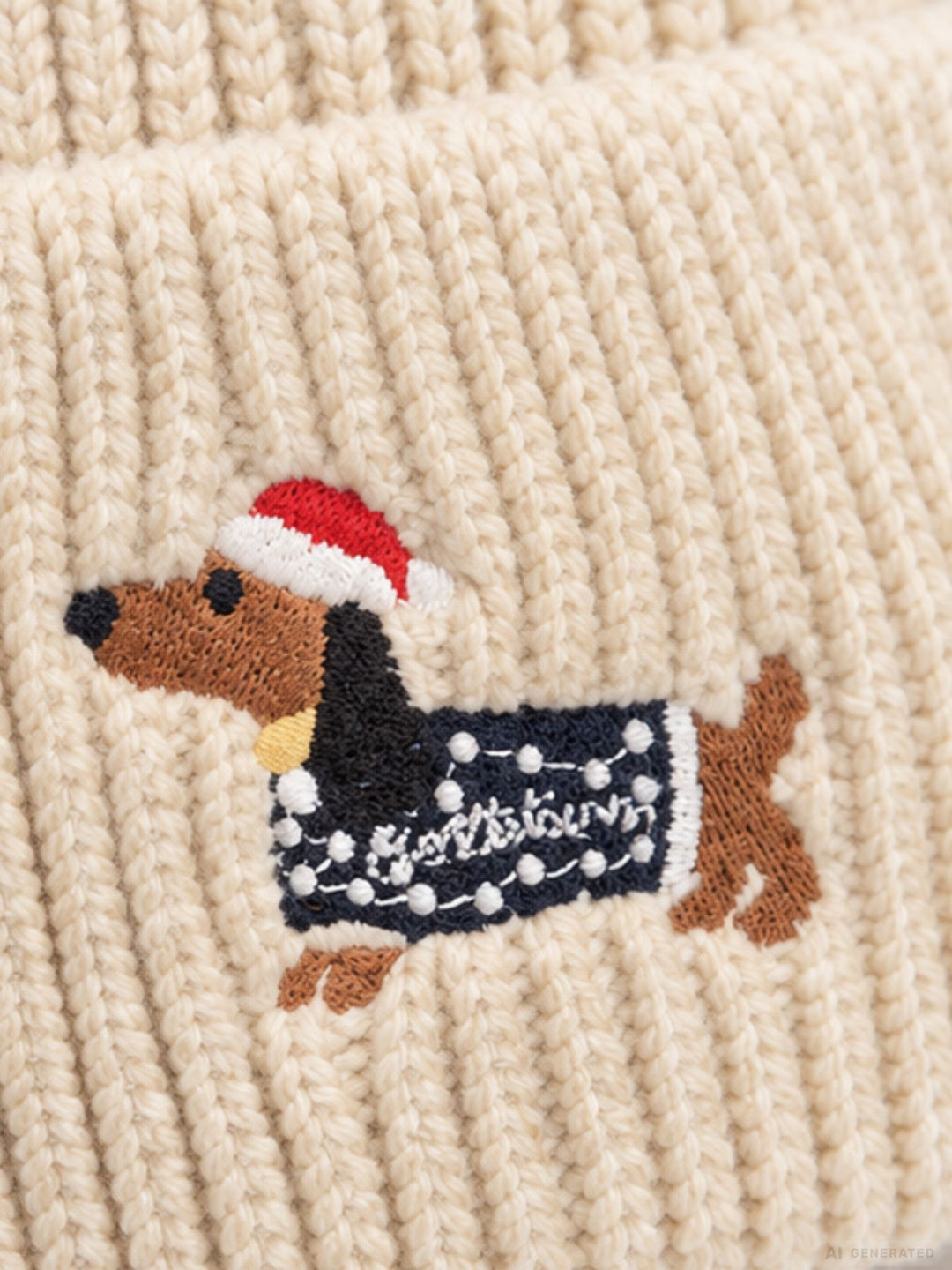 Strickmütze Damen mit Dackel-Stickerei – Beige