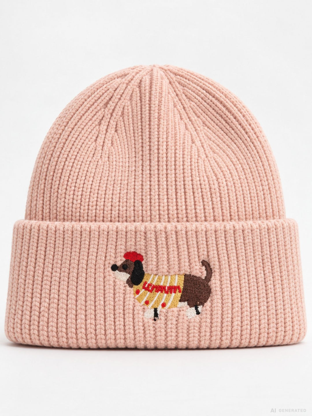 Strickmütze Damen mit Dackel-Stickerei – Rosa