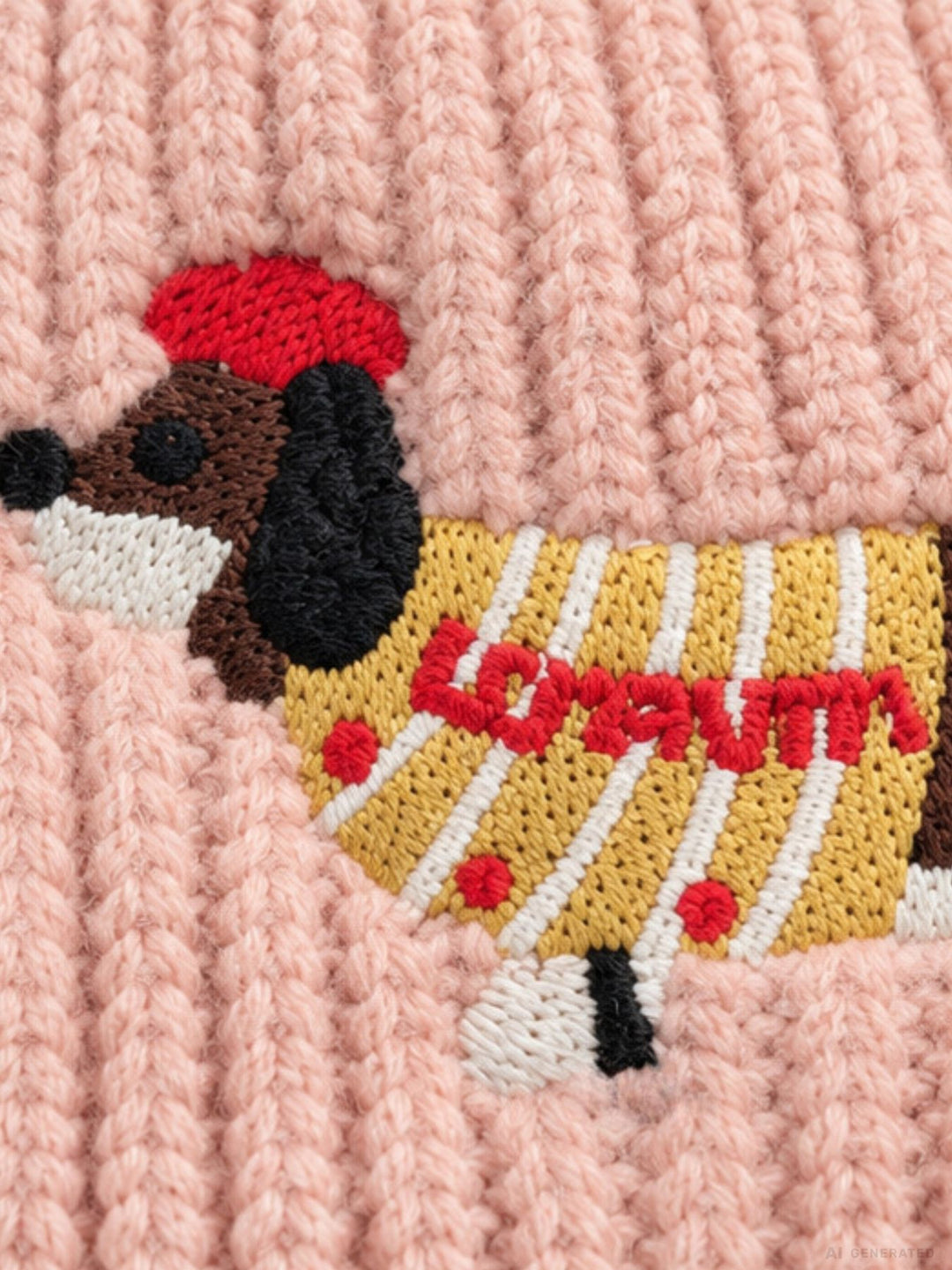 Strickmütze Damen mit Dackel-Stickerei – Rosa