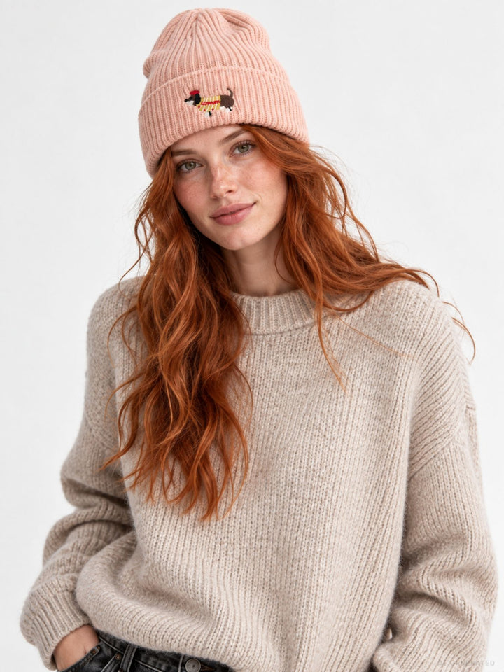 Strickmütze Damen mit Dackel-Stickerei – Rosa