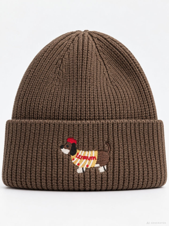 Strickmütze Damen mit Dackel-Stickerei – Braun