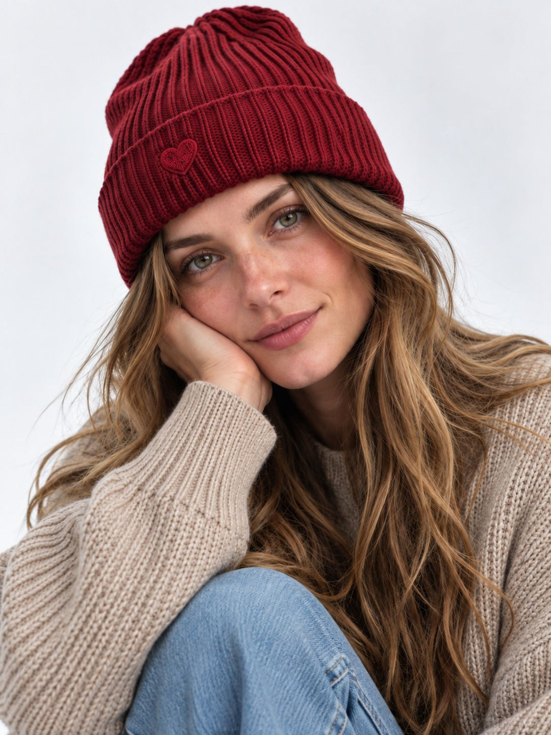 Strickmütze Damen mit Herz Ton-in-Ton – Bordeaux