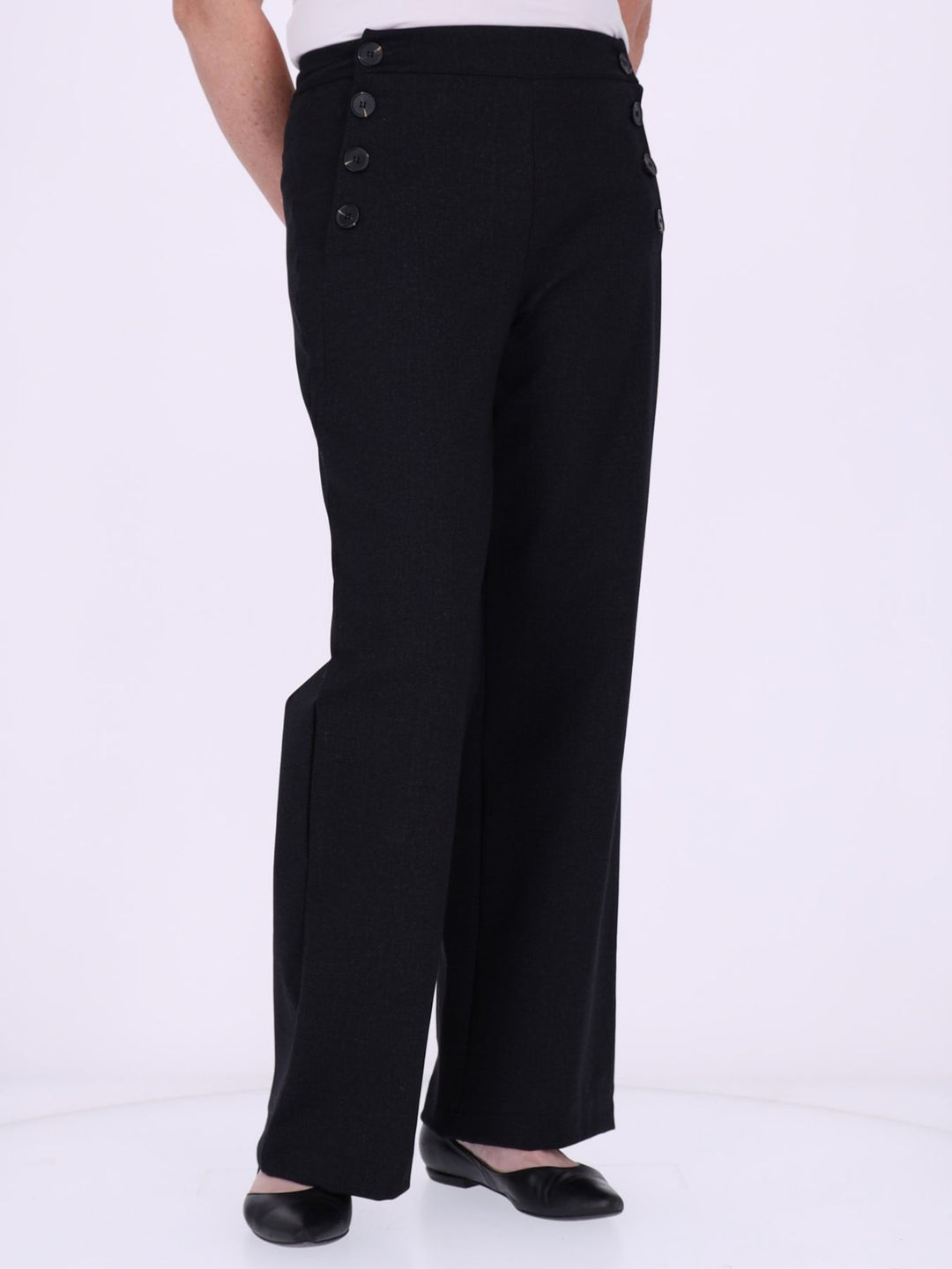 Damen Wide Leg Hose mit seitlichen Knöpfen – Schwarz