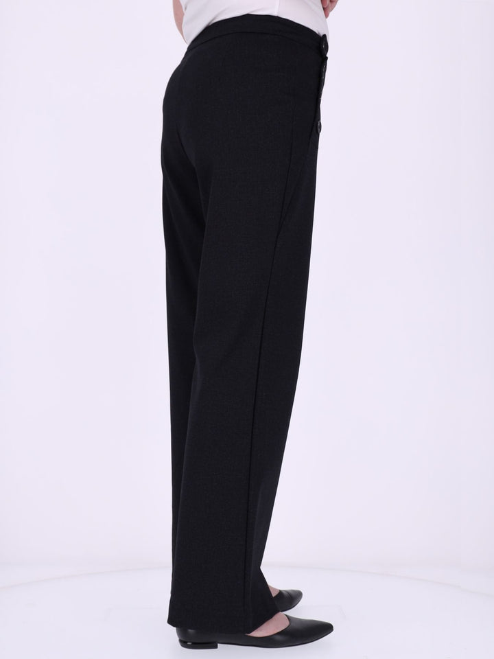 Damen Wide Leg Hose mit seitlichen Knöpfen – Schwarz