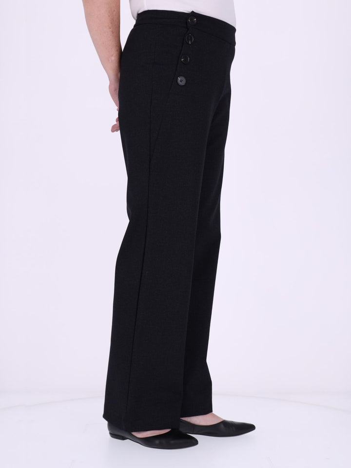 Damen Wide Leg Hose mit seitlichen Knöpfen – Schwarz