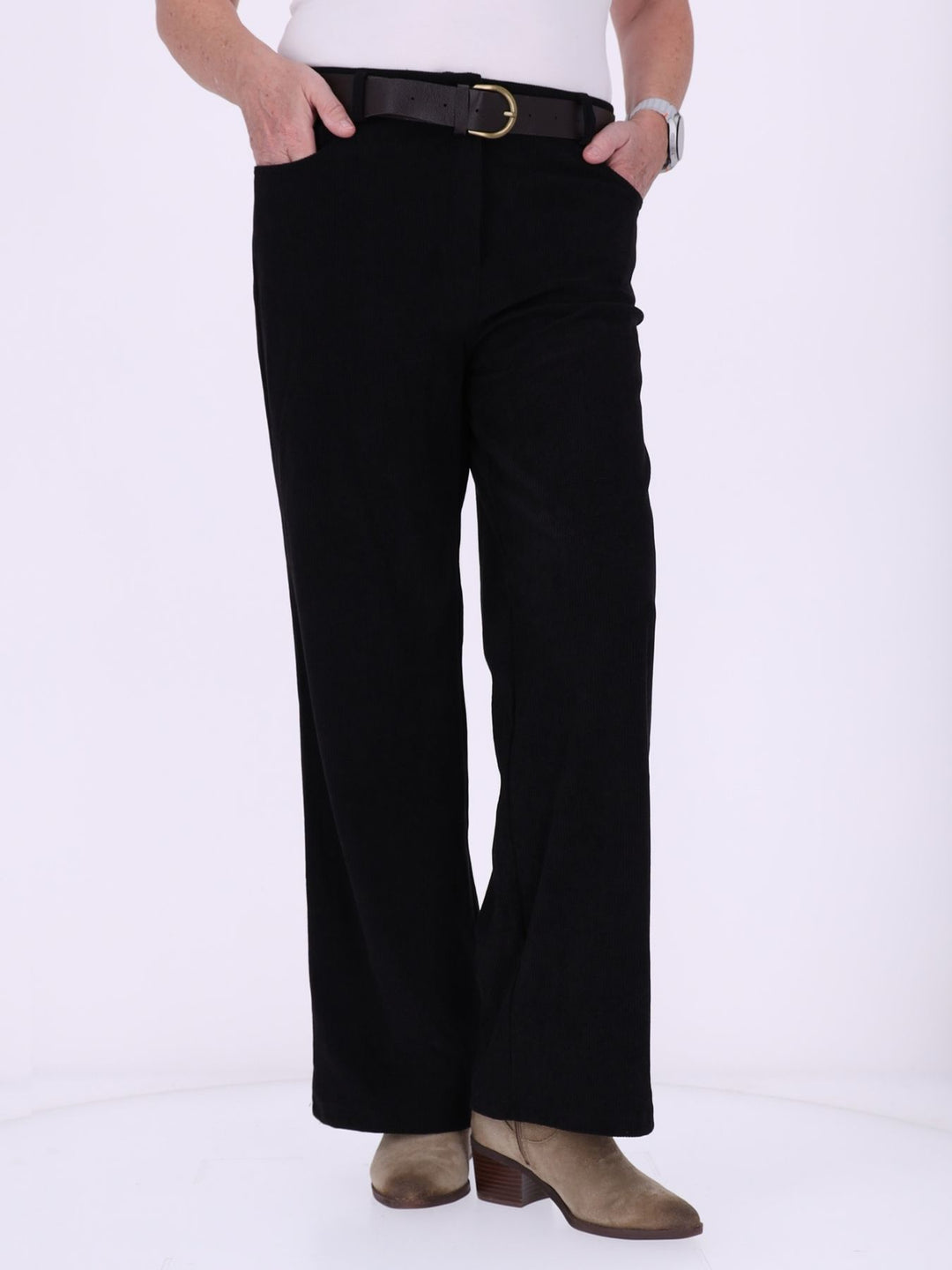 Damen Breitcordhose mit weitem Bein & Gürtel – Schwarz