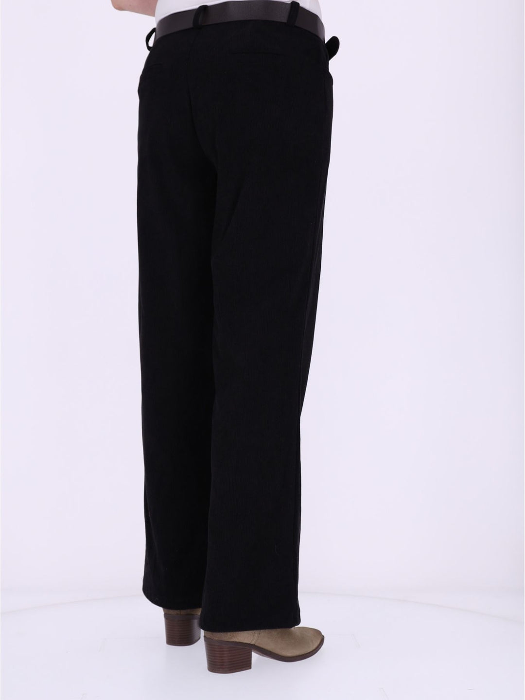 Damen Breitcordhose mit weitem Bein & Gürtel – Schwarz