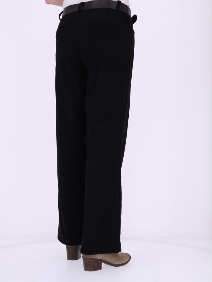 Damen Breitcordhose mit weitem Bein & Gürtel – Schwarz