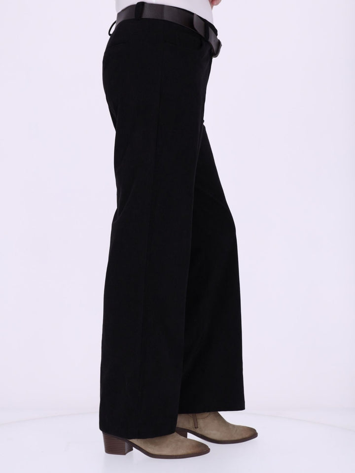 Damen Breitcordhose mit weitem Bein & Gürtel – Schwarz