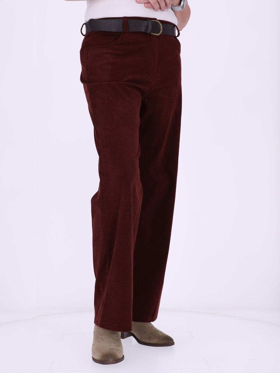 Damen Breitcordhose Wide Leg mit Gürtel – Bordeaux