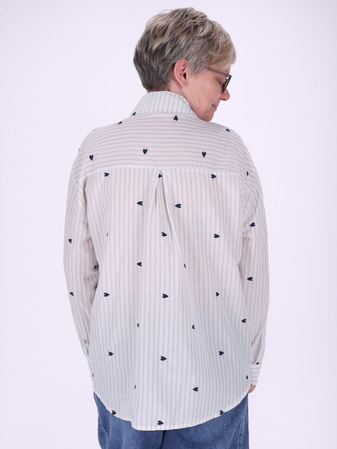 Bluse Damen Streifen Herzchen Stickerei Brusttaschen