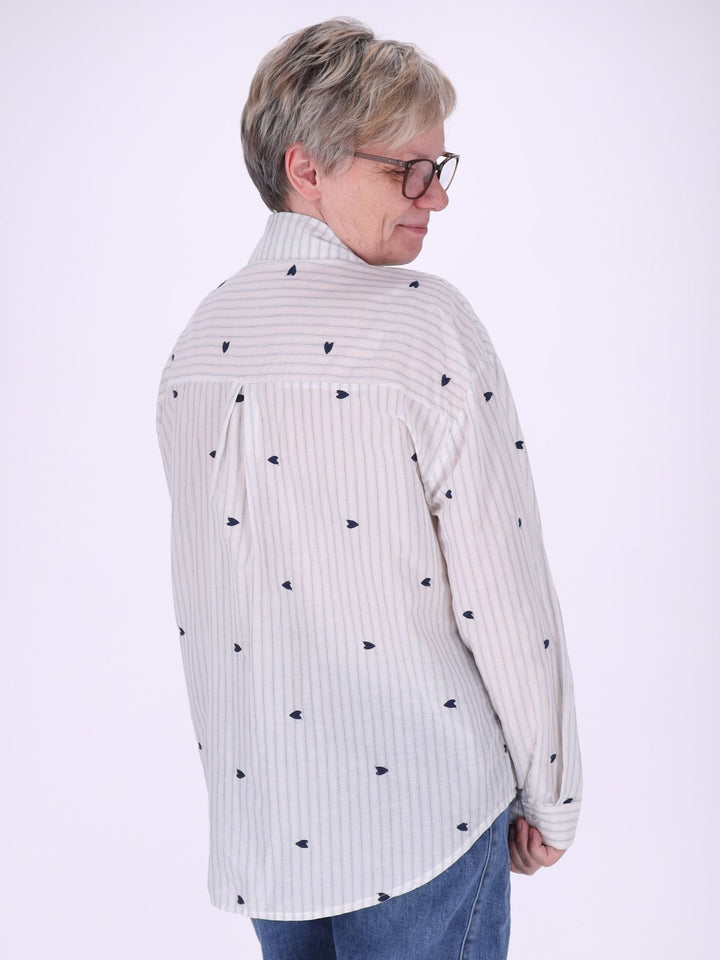 Bluse Damen Streifen Herzchen Stickerei Brusttaschen