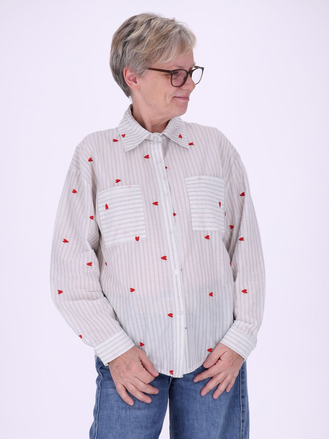 Bluse Damen Streifen Herzchen Stickerei Brusttaschen