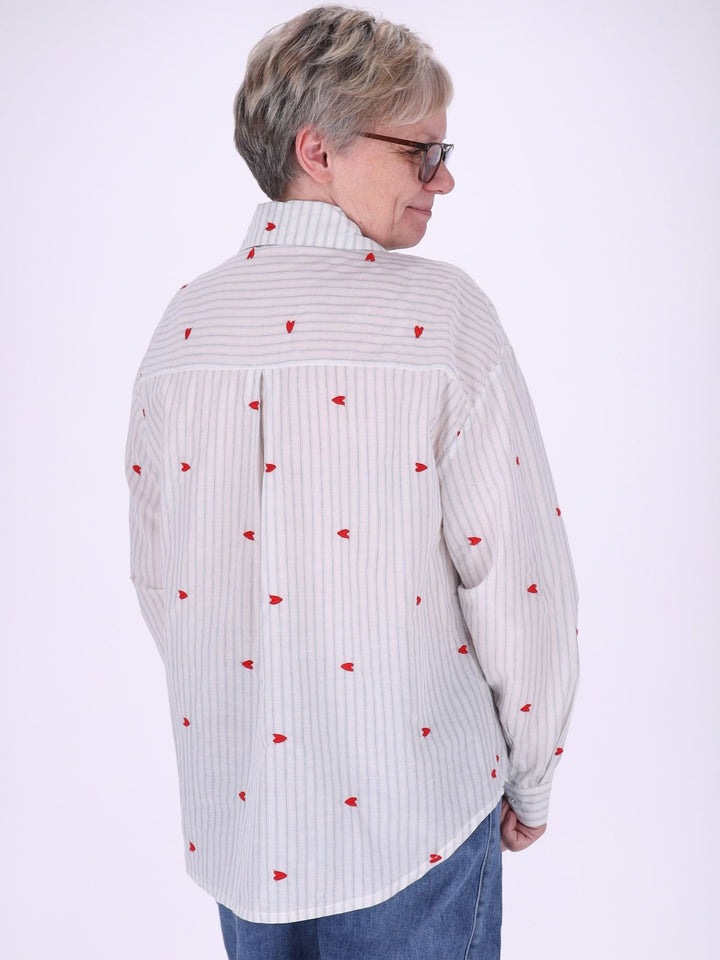 Bluse Damen Streifen Herzchen Stickerei Brusttaschen