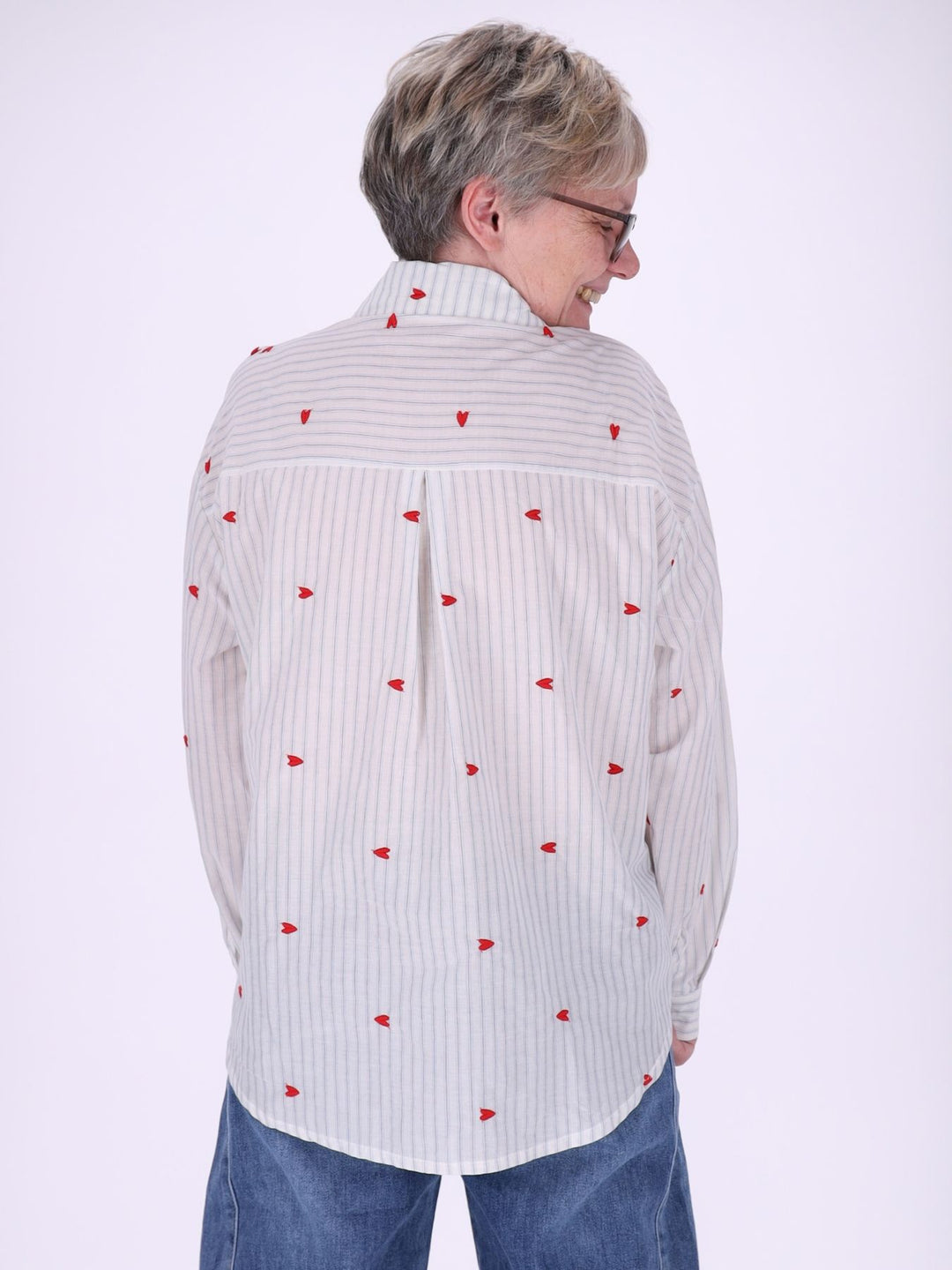 Bluse Damen Streifen Herzchen Stickerei Brusttaschen